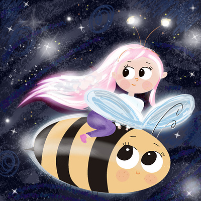 Flying bee and pink girl bee children s illustration cute girl digital illustration happywibes illustration procreate