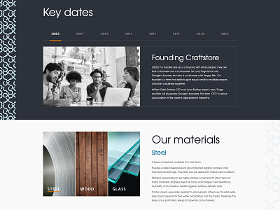 History & Materials | Crafstor blue dark description design history image images orange shop site tab tabs text title ui ux web web design web development white