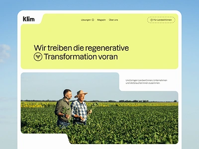 Klim Regenerative Agriculture Hero Header Concept agriculture clean design farm forms hero header landing page minimal rounded corners transformation typography ui ui design ux ux design web web design website yellow