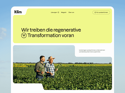 Klim Regenerative Agriculture Hero Header Concept agriculture clean design farm forms hero header landing page minimal rounded corners transformation typography ui ui design ux ux design web web design website yellow