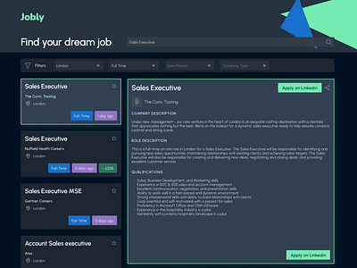 Crisp UI Job Listing #Daily UI 050 - dailyui dark fluo job listing web app web design