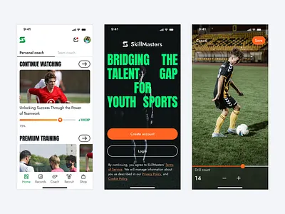 SkillMasters Mobile App active app b2c course login microphone mobile navigation progress record saas sign up slider soccer splash sports training ui ux video