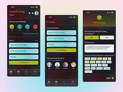 Mindful Moments Mental Health app app design concept dark dark mode design digital health emontion emotional figma mental mental health mobile mobile design techforgood ui uidesign uiux user experience user interface ux