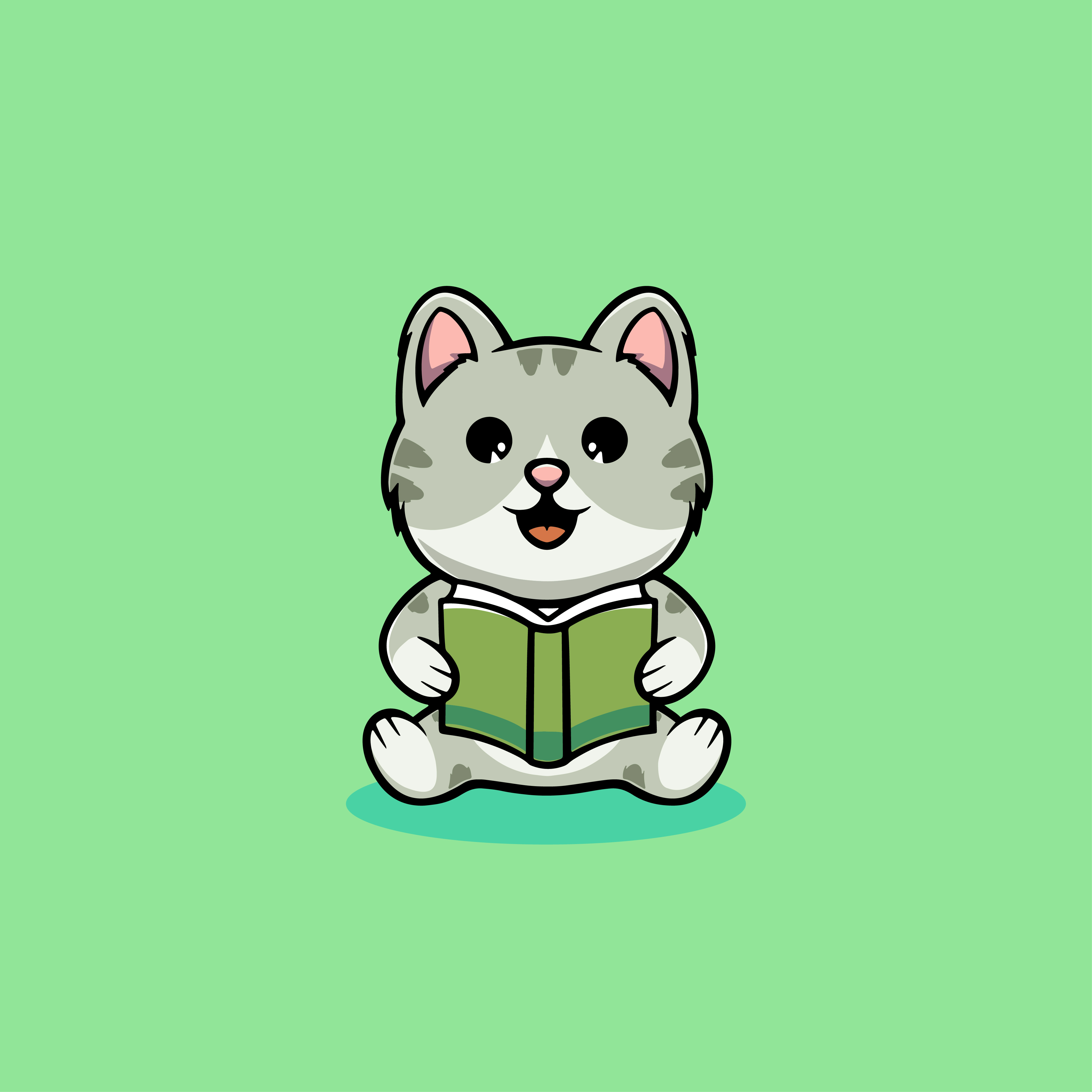 Cute cat reading book cartoon illustration meow