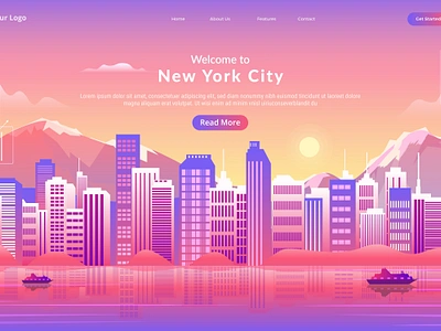 Hero Image Illustration artwork buildings header hero image hero section home page illustration illustration landing page mountains new york city sunset ui ui image uiux vector website welcome