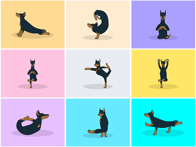 Yoga Dog Part-20 | Morning Yoga with Dobermann🧘‍♀️🌿⚡️ adorable animal art calm cartoon cute dog energetic fitness fun health illustration mascot meditaion pet spiritual sticker vector yoga yoga pose