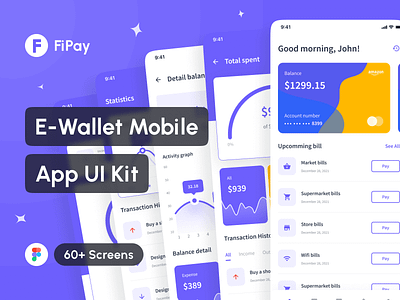 FiPay - E-Wallet App UI Kit app app design application branding design design system digital wallet app e wallet app finance app financial app fintech app free interface mobile mockup ui ui kit wallet app