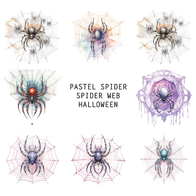 Watercolor Pastel Spiders gothic pastel halloween pastel color spider web spiders spooky aesthetic unique watercolor watercolor