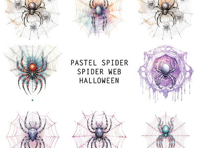 Watercolor Pastel Spiders gothic pastel halloween pastel color spider web spiders spooky aesthetic unique watercolor watercolor