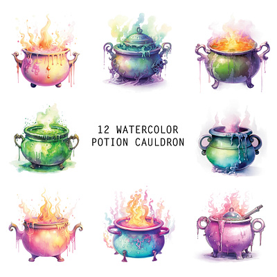 Watercolor Pastel Potion Cauldron bundle design cauldron illustration children book design clipart colorful illustration halloween illustration watercolor