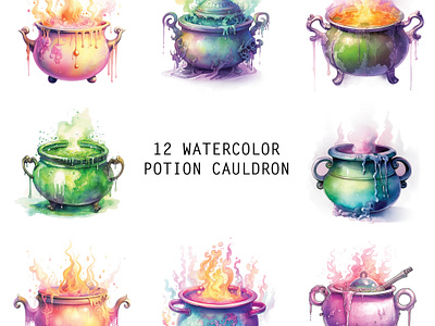 Watercolor Pastel Potion Cauldron bundle design cauldron illustration children book design clipart colorful illustration halloween illustration watercolor