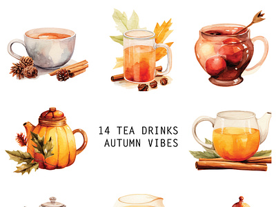 Watercolor Autumn Tea Drinks children book cute graphic design drinks and foods falls vibes foods illustration orange color tea drinks tea drinks illustration watercolor autumn