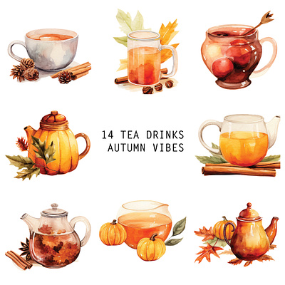 Watercolor Autumn Tea Drinks children book cute graphic design drinks and foods falls vibes foods illustration orange color tea drinks tea drinks illustration watercolor autumn
