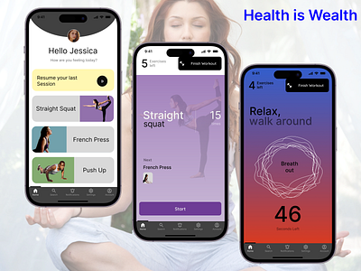 Yoga Mobile App Design barbell dumbell fitness french press health health is wealth kids mat men plank push up relax straight squat ui user experience user interface ux wealth women yoga