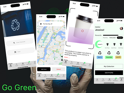 Recycle Mobile App Design dust in earthfare earthy feedback go green green land fill location pincode plastic recycle reward san fransisco scan stuff ui user experience user interface ux waste