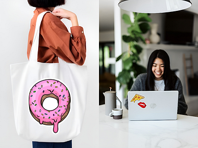 Custom Design Sticker | Bag | Laptop |Donut | Pizza | Lips bag branding custom design donut graphic design illustration laptop lips logo pizza print design shopper sticker typography vector