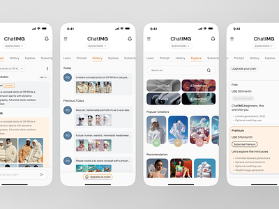 ChatIMG - History, Explore, and Subscription Page for Mobile App ai ai generated apps art artificial intelligance chat image clean company profile concept explore page generated history page homepage mobile mobile apps mockup plan page subscription page text to image ui user interface