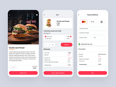 Food Love (Food details, Cart, Payment method) app design mobile app ui