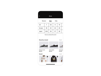 Daily UI #53 app dailyui design designinspiration designoftheday ecommerce graphic design mobile ecommerce mobile shopping shoe chart shopping shopping size guide size chart size guide ui