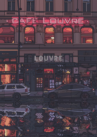 Cafe Louvre architecture art cafe design digital illustration painting prague street