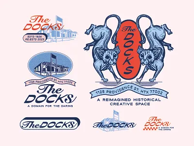 The Docks Branding americana brand branding building cat cat logo checkers design graphic design hairless cat illustration logo naked cat vintage warehouse
