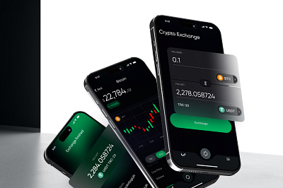 Crypto Exchange Mobile App Concept app application bitcoin candle chart crypto crypto exchange cryptocurrency dark theme defi exchange forex green isometric market nft product design ui ux web3