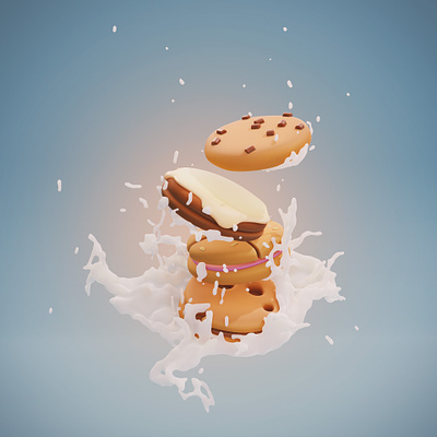Cookies and milk 3d bakery breakfast chocolate cookie illustration meal milk snack splash