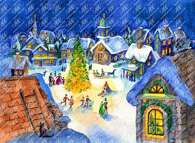 Christmas night in city. Watercolor illustration christmas cards christmas city christmas decoration christmas illustration christmas night christmas scene christmas tree graphic design greeting card holiday time illustration instant download labels design new year new year decor packaging design vintage style watercolor christmas watercolor illustration winter time