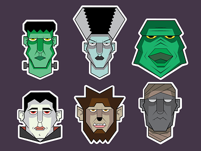 Classic Monsters 2d adobe illustrator black lagoon bride of frankenstein classic monsters dracula frankenstein graphic design halloween merman movie monsters sticker the mummy vector werewolf wolfman