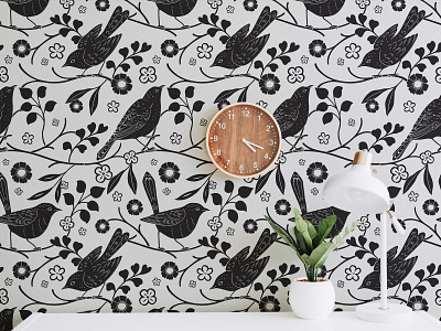 Bird Pattern Wallpaper Design art bird pattern design floral graphic design illustration linocut monochrome pattern pattern seamless pattern vector wallpaper
