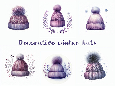 Decorative winter hats hats set watercolor winter