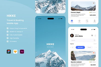 Hikke - Travel & Booking Mobile Apps accommodation adventure apps booking clean destinations experience layout mobile neat premium tour travel ui ux