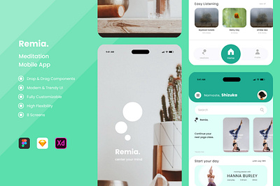 Remia - Meditation Mobile Apps apps care daily development experience health layout meditation mental mind peace self ui ux wellness