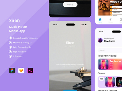 Siren - Music Player Mobile Apps apps audio clean custom easy experience layout mobile music player premium streaming structured ui ux