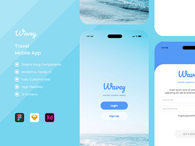 Wavey - Travel Mobile Apps adventure apps book clean destinations experience layout luxury natural premium scenery service travel ui ux