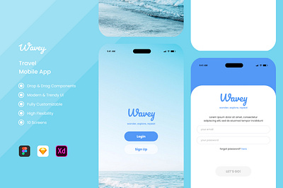 Wavey - Travel Mobile Apps adventure apps book clean destinations experience layout luxury natural premium scenery service travel ui ux