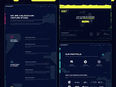 Warpgate Ventures — About, Footer, Portfolio about page blockchain cyberpunk dark website decentralized web footer design illustration kervin tan krvin modern portfolio ui design ux design warpgate warpgate ventures