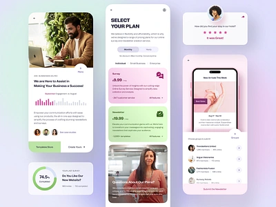 Survey & Newsletter Created App app app design card chart clean data details faq list mobile mobile app mobile design newsletter price plan profile question review survey template ui