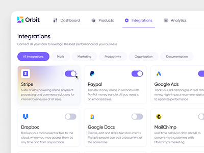 Orbit - Integration Page cards dashboard dashboard desig design e commerce ecommerce ecommerce dashboard grid layout integration page integrations store management website tabs third party toggle button toggle swtich ui ui design uiux web design website