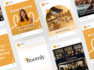 Roomly - Brand Identity of The Room Booking Site booking site brand guidelines brand identity branding design destination gold graphic graphic design homestay hotel booking hotel branding logo logo concept meeting resort branding social media social media branding visual identity yellow