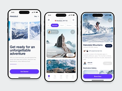 Pragolo - Travel Mobile App airbnb book clean destination destination list mobile mobile app mobile design mountain travel travel mobile travel mobile app traveling ui uiux