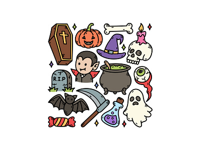 Halloween Doodle Set bat cute doodle ghost halloween icon illustration logo skull vector
