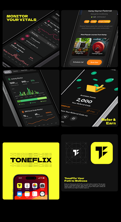 Toneflix - Fitness app athlete blackui darkui branding dark black fitness minimilist workout