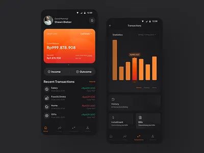Recap - Your Personal Financial Manager black budgeting card dark mode darkmode diagram expensetracking finance financeapp financetracking financial manager goal setting gradient installments mobile mobile app orange ui ui design uiux