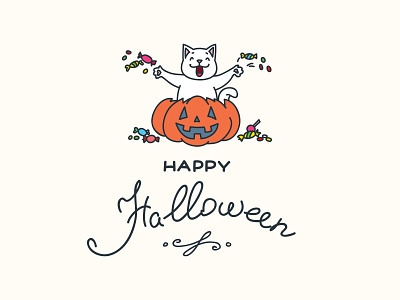 Halloween greeting card with funny cat 2d candy card cartoon cat character cute doodle greeting halloween happy halloween illustration lettering pumpkin sweets trick or treat vector