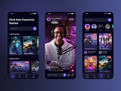 Game Streaming App app clean darkmode design gaming gradient live livestream mobile play playing game ui