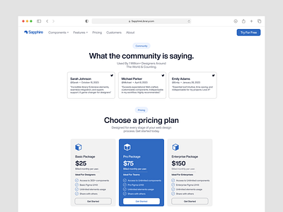 Sapphire Library - Community & Pricing Section app clean component component library design figma flowbase hero section landing page light mode minimalist modal platform pricing plan saas testimonials ui ui design ui kit widget