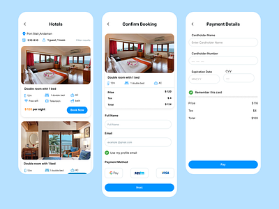 Travel Traits (Hotel Listing, Confirm Booking, Payment Details) app design e commerce mobile app ui