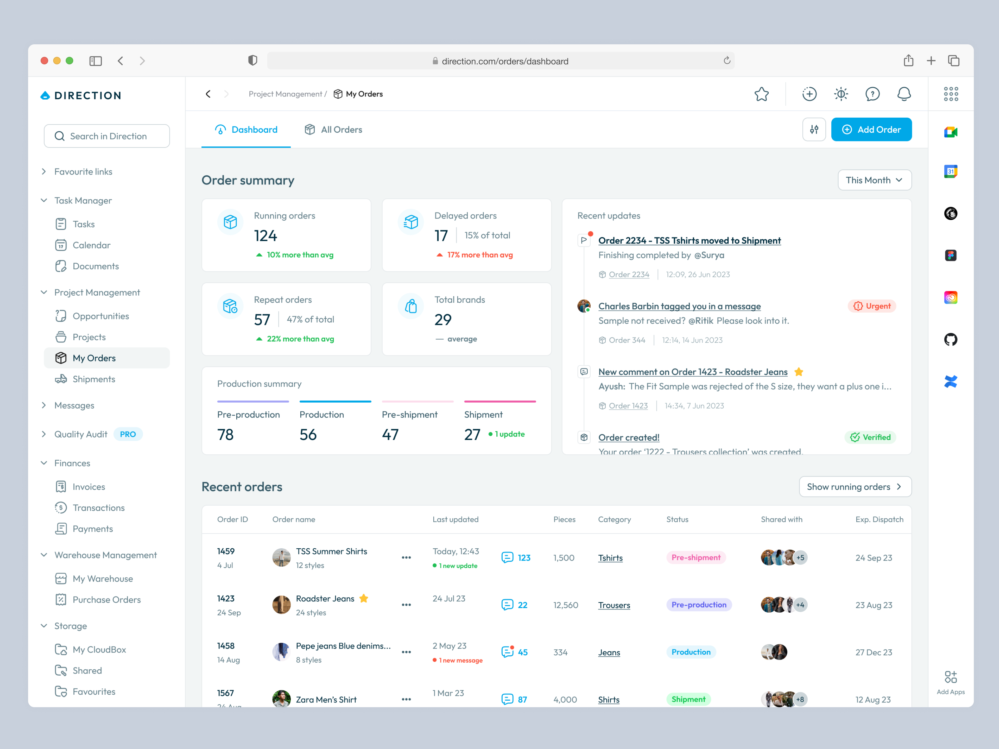 Direction - a B2B Software for everything analytics dashboard manufacturing navbar navbar ui navigation order analytics order dashboard order management order management system order summary orders product management production project management project management system saas web dashboard