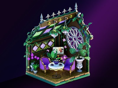 Moonlit conservatory 3d art beautiful blender cozy flowers furniture glow gothic inspiration isometric light monstera render room roses windows